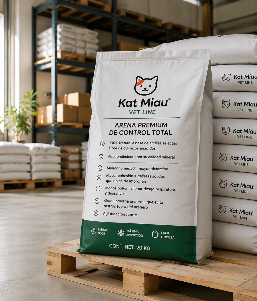 Sacos de arena Kat Miau Vet Line en bodega, listos para distribución
