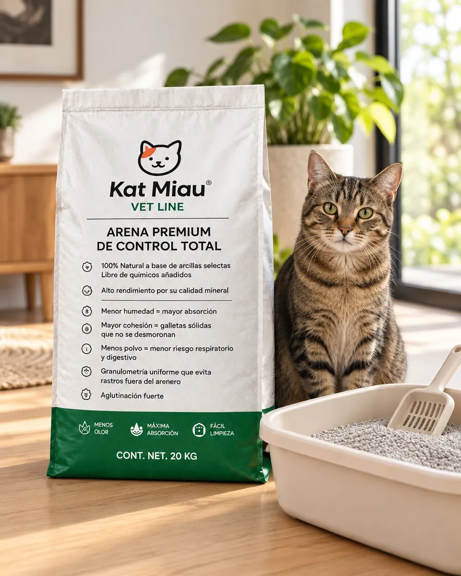 Gato junto a un arenero con arena Kat Miau y el saco de 20 kg en una sala luminosa