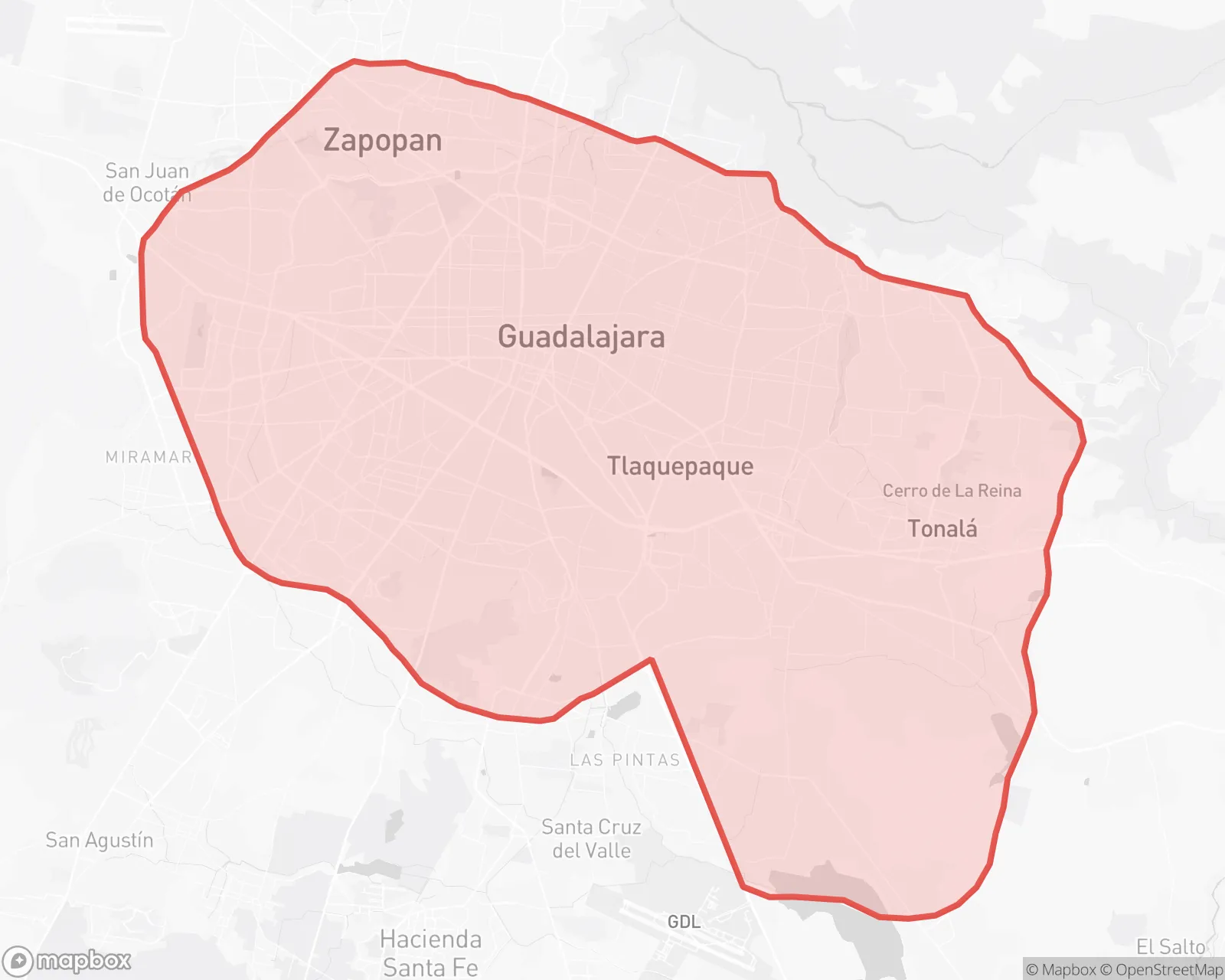 Mapa de Guadalajara con la zona de envío gratis dentro del Anillo Periférico marcada